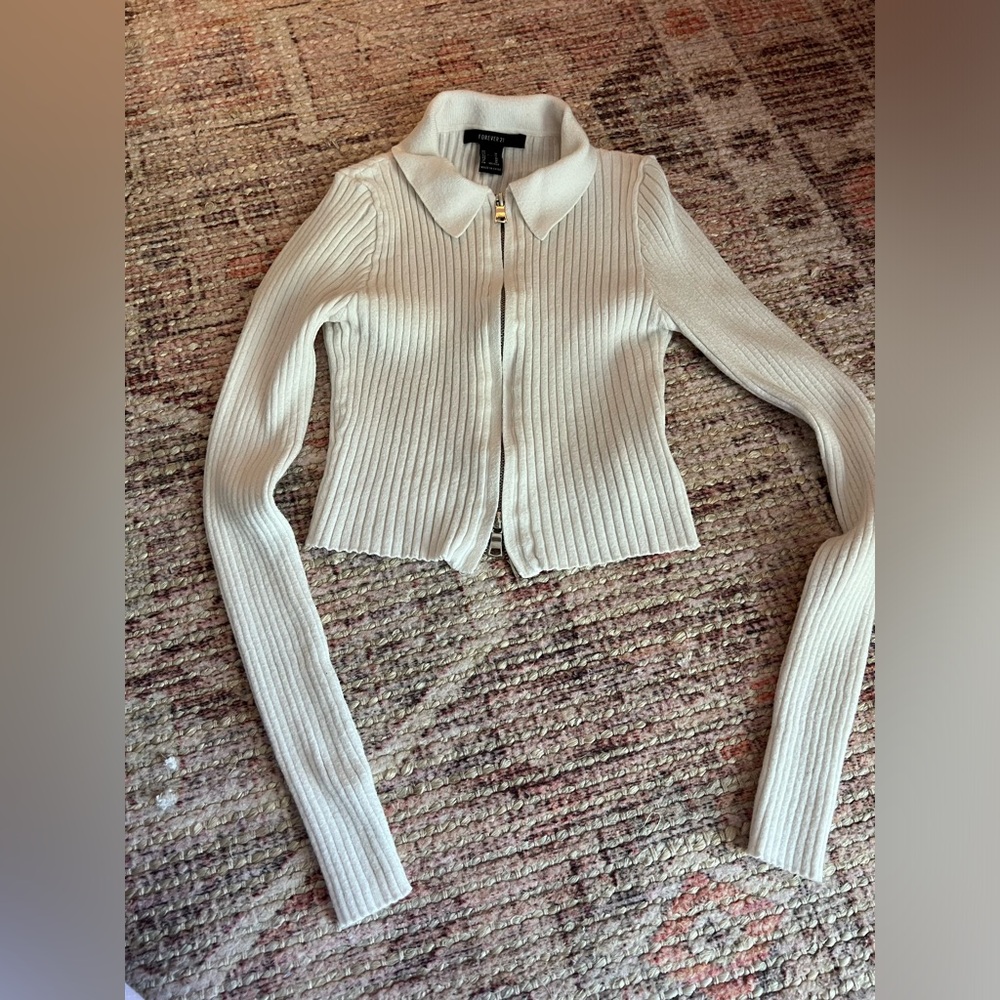 White Soft Ribbed Zip-Up Sweater